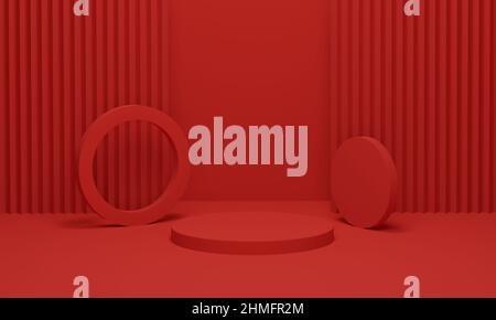 Bühne Podium auf rotem Samtvorhang Hintergrund für Produkte Display. Modernes rotes Podium mit geometrischem Hintergrund. 3D Darstellung rendern. Stockfoto