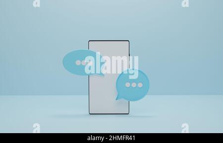 Handy-Smartphone und Chat-Blasen auf blauem pastellfarbenem Hintergrund. Minimaler Nachbau für Social Media, Nachrichten oder SMS. 3D Rendering Illustration. Stockfoto