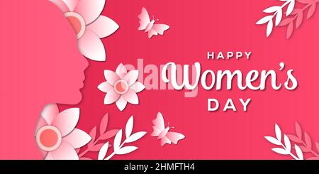 Happy Women's day Illustration Papier Schnitt Stil mit Frau Silhouette und Blume, Schmetterling Stock Vektor