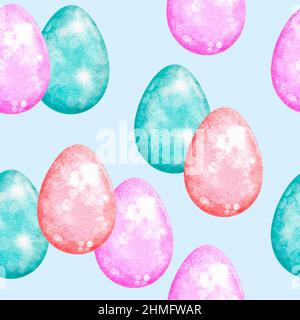 Aquarell nahtlos handgezeichnetes Muster mit Ostereiern Hasen auf Glitzer schimmert glänzende Textur, magische mystische Kristalle florale Blätter Elemente. Pastell rosa blau lila grün Frühling Urlaub Hintergrund für Textil-Geschenkpapier Stockfoto