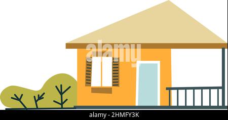 Holzhaus oder Sommerhaus in rustikaler Gegend oder auf dem Land. Isoliertes Haus mit Veranda oder Terrasse, Garten mit Sträuchern und ökologischer Umwelt Stock Vektor
