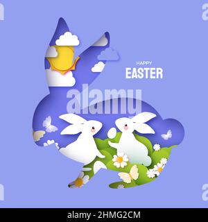 Frohe Ostern Grußkarte mit niedlichen weißen Kaninchen im Papierschnitt-Stil. Bunny geschichteten Rahmen, Blumen und Schmetterling. Frühlingsferien in modernem Stil Stock Vektor