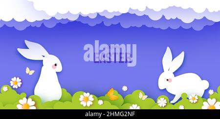 Frohe Ostern Grußkarte mit niedlichen weißen Kaninchen im Papierschnitt-Stil. Bunny geschichteten Rahmen, Blumen und Schmetterling. Frühlingsferien in modernem Stil Stock Vektor