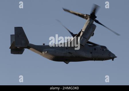 Ein US Marine MV-22B Osprey hebt während einer Trainingsübung auf der Marine Corps Air Station Camp Pendleton, Kalifornien, am 2. Februar 2022 ab. Die Luftstation betreibt und unterhält einen sicheren Flugplatz, um die Kommandos der Marine Expeditionary Force, des Marine Corps Base Camp Pendleton und Besuchseinheiten zu unterstützen, um ihre Missionsfähigkeiten und ihre Kampfbereitschaft zu verbessern. (USA Marine Corps Foto von Lance CPL. Hope Straley) Stockfoto