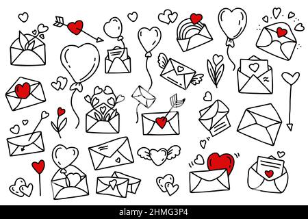 Große Ferien-Set. Liebesbriefe, Umschläge, Briefe mit Herzen und Blumen, Cupids Pfeile, Ballons und Regenbogen. Vektorgrafik. Isoliertes lineares h Stock Vektor