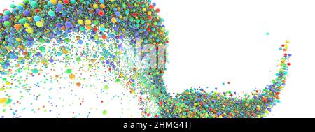Abstrakte Kunst mit surreal wachsender Explosion wellige Rauchwolke Spritzer Flüssigkeit. Kleine farbige Schaumbälle blasen Partikel in Bewegung. 3D Rendering des Bildes. Stockfoto