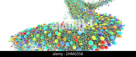 Abstrakte Kunst mit surreal wachsender Explosion wellige Rauchwolke Spritzer Flüssigkeit. Kleine farbige Schaumbälle blasen Partikel in Bewegung. 3D Rendering des Bildes. Stockfoto