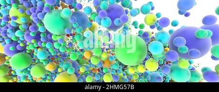 Abstrakte Kunst mit surreal wachsender Explosion wellige Rauchwolke Spritzer Flüssigkeit. Kleine farbige Schaumbälle blasen Partikel in Bewegung. 3D Rendering des Bildes. Stockfoto