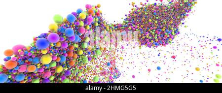 Abstrakte Kunst mit surreal wachsender Explosion wellige Rauchwolke Spritzer Flüssigkeit. Kleine farbige Schaumbälle blasen Partikel in Bewegung. 3D Rendering des Bildes. Stockfoto