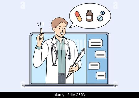 Online-Drogerie und Apotheke Konzept. Junger lächelnder Arzt Apotheker steht und zeigt zeigt auf Medikamente Behandlung online von Laptop-Bildschirm Vektor-Illustration Stock Vektor