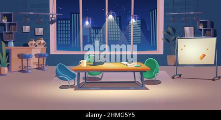 Nachtbüro, Coworking Space, Business Center mit Computer am Schreibtisch, Sesseln, Kaffeepause und Glühlampen. Bereich für Teamarbeit, freiberuflicher gemeinsamer Arbeitsplatz Cartoon-Vektor-Illustration Stock Vektor