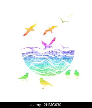Abstraktes farbenfrohes Design mit Ozeanlogo mit Wellen und Möwen. Vektorgrafik Stock Vektor