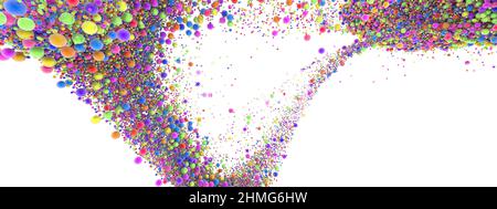 Abstrakte Kunst mit surreal wachsender Explosion wellige Rauchwolke Spritzer Flüssigkeit. Kleine farbige Schaumbälle blasen Partikel in Bewegung. 3D Rendering des Bildes. Stockfoto