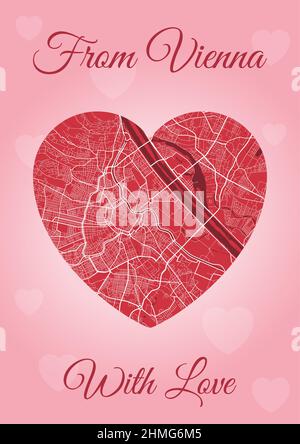 Happy Valentine's Day Weihnachtskarte mit Wien Karte in Herzform. Vertikale A4 Rosa und rote Farbvektordarstellung. Ich liebe City travel City Scape. Stock Vektor