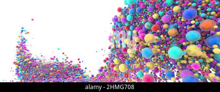 Abstrakte Kunst mit surreal wachsender Explosion wellige Rauchwolke Spritzer Flüssigkeit. Kleine farbige Schaumbälle blasen Partikel in Bewegung. 3D Rendering des Bildes. Stockfoto