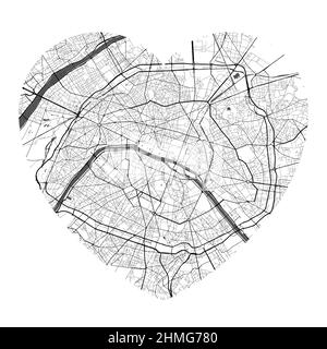 Vektorkarte der Stadt Paris in Herzform. Schwarz-weiße Farbdarstellung. Straßen, Straßen, Flüsse. Stock Vektor