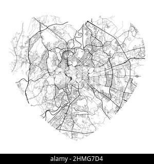 Vektorkarte der Stadt Rom in Herzform. Schwarz-weiße Farbdarstellung. Straßen, Straßen, Flüsse. Stock Vektor