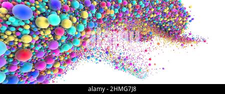 Abstrakte Kunst mit surreal wachsender Explosion wellige Rauchwolke Spritzer Flüssigkeit. Kleine farbige Schaumbälle blasen Partikel in Bewegung. 3D Rendering des Bildes. Stockfoto