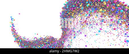 Abstrakte Kunst mit surreal wachsender Explosion wellige Rauchwolke Spritzer Flüssigkeit. Kleine farbige Schaumbälle blasen Partikel in Bewegung. 3D Rendering des Bildes. Stockfoto