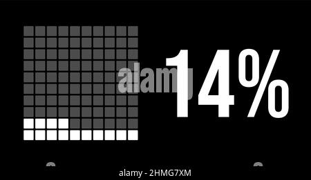 14-Prozent-Diagramm, 14-Prozent-Vektor-Infografik. Abgerundete Rechtecke bilden ein quadratisches Diagramm. Weiße Farbe auf schwarzem Hintergrund. Stock Vektor