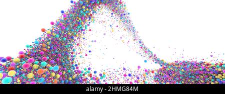 Abstrakte Kunst mit surreal wachsender Explosion wellige Rauchwolke Spritzer Flüssigkeit. Kleine farbige Schaumbälle blasen Partikel in Bewegung. 3D Rendering des Bildes. Stockfoto