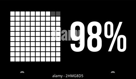 98-Prozent-Diagramm, achtundneunzig Prozent-Vektor-Infografik. Abgerundete Rechtecke bilden ein quadratisches Diagramm. Weiße Farbe auf schwarzem Hintergrund. Stock Vektor
