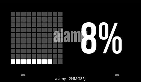 8-Prozent-Diagramm, Infografik zu acht Prozent-Vektor. Abgerundete Rechtecke bilden ein quadratisches Diagramm. Weiße Farbe auf schwarzem Hintergrund. Stock Vektor