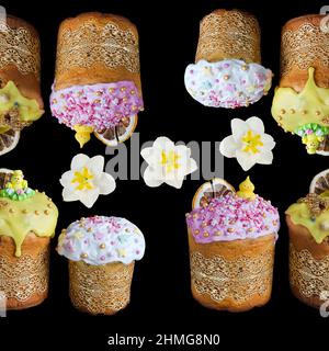 Nahtloses Muster mit verschiedenen Osterkuchen und Frühlingsblumen auf schwarzem quadratischem Hintergrund. Das Konzept des hellen Osterfestes Stockfoto