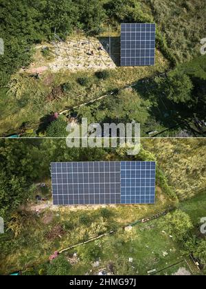 Collage von Installation und fertig Sonnenkollektoren im Feld an sonnigen Tag. Konzept der erneuerbaren und ökologischen Energie. Moderne Technologie und Innovation. Idee der Umweltschicherheit. Luftaufnahme. Stockfoto