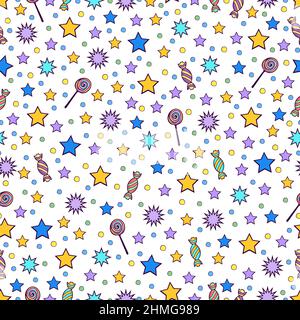 Cartoon nahtlose Muster, bunten Hintergrund von bunten Sternen, Süßigkeiten, Konfetti, Kreise und Erbsen und Karamell auf einem weißen Hintergrund für Design-Wrappi Stock Vektor