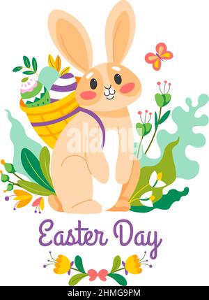 Ostertag, Hase mit Korb mit bunten Eiern Stock Vektor
