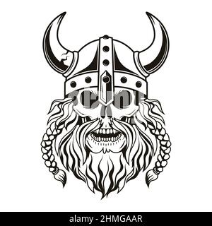 Wikinger Krieger Schädel mit gehörnten Helm. Vektorgrafik. Stock Vektor