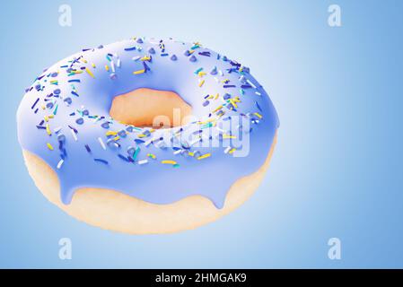 Ein Donut mit blauer Vereisung auf blauem Hintergrund 3D Render Stockfoto