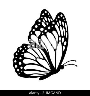 Monarch Schmetterling Silhouette, Seitenansicht. Vektordarstellung auf weißem Hintergrund isoliert. Stock Vektor