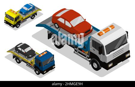 Isometrisches Fahrzeug für die Evakuierung defekter Autos. Abschleppwagen zum Transport zum Fahrzeug. Realistischer 3D-Vektor isoliert auf weißem Hintergrund Stock Vektor