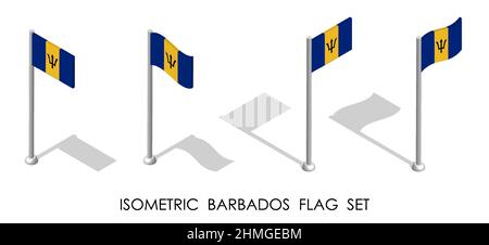 Isometrische Flagge von BARBADOS in statischer Position und in Bewegung auf Fahnenmast. 3D Vektor Stock Vektor