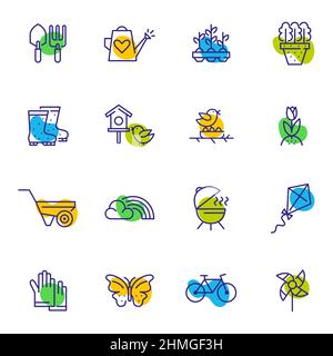 Frühlings-Aktivitäten und Gartenarbeit Spaß Farb-Icons gesetzt. Wie Schmetterling, Fahrrad, Sämling, Regenbogen, bbq. Pixel-perfekte, bearbeitbare Kontursymbole Stock Vektor