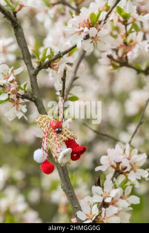 Rot und weiß schöner Martison, der an den Ästen des blühenden Baumes hängt. Stockfoto