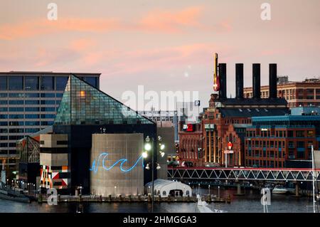 National Aquarium in Baltimores Inner Harbor und das Kraftwerksgebäude in Maryland. Stockfoto