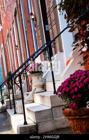 Mount Royal in der Nachbarschaft Häuser von Baltimore City mit berühmten Marmortreppen. Stockfoto