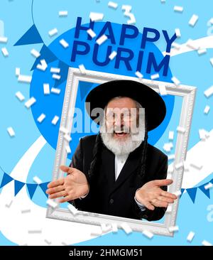 Collage zeitgenössischer Kunst mit Porträt eines glücklichen älteren orthodoxen jüdischen Mannes während des purim-Festivals. Feiertag, Feier, Tradition, Werbekonzept. Stockfoto