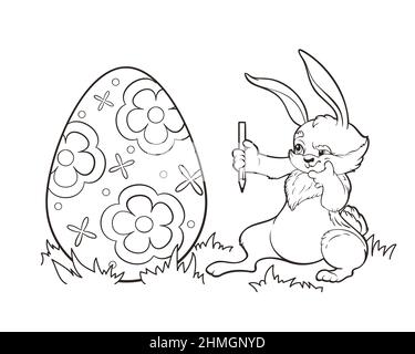 Malbuch Osterhase Künstler mit einem Bleistift markiert die Zeichnung auf dem Ei.Vektor-Illustration im Cartoon-Stil, schwarz-weiße Linienkunst Stock Vektor