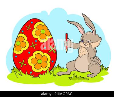 Osterhase Künstler mit einem Bleistift markiert die Zeichnung auf dem Ei.Vektor-Illustration im Cartoon-Stil, schwarz-weiße Linienkunst Stock Vektor