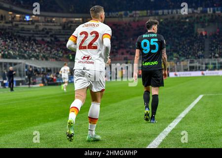 Mailand, Italien. 08th, Februar 2022. Nicolo Zaniolo (22) von Roma beim Coppa Italia-Spiel zwischen Inter und Roma bei Giuseppe Meazza in Mailand. (Bildnachweis: Gonzales Photo - Tommaso Fimiano). Stockfoto