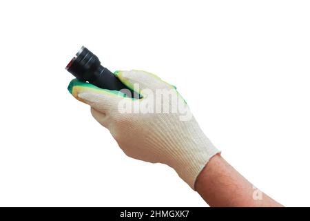 Eine schwarze LED-Taschenlampe in der Hand des Mannes ist eine Nahaufnahme. Stockfoto