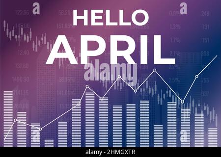 Text Hallo April zum magentafarbenen und blauen Finanzhintergrund. Investitionskonzept Stock Vektor