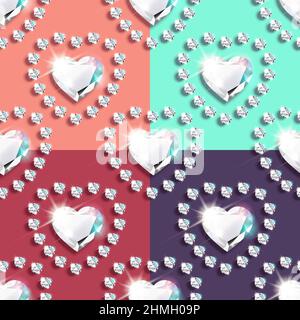 Set Nahtloses Muster mit schönen Diamantherzen. Verpackungsdesign für Valentinstag, Frauentag, Jubiläum, Geburtstag. Auf einem dunklen Hintergrund. Ve Stock Vektor