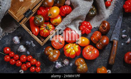 Viele verschiedene Arten, Formen und Größen von Tomaten in einer alten Holzkiste und auf einer dunklen Oberfläche. Stillleben in der Küche mit Retro-Objekten. Ernte Konz Stockfoto