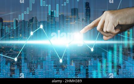 Double Exposure Geschäftsmann und Börse oder Forex Grafik geeignet für finanzielle Investitionen Konzept. Wirtschaft trends Hintergrund für Geschäftsidee und Stockfoto