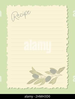 Rezept Karte leere Vorlage mit Oliven Rahmen. Vektorgrafik Stock Vektor